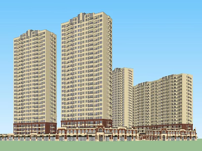 Modern High Rise Residential Apartment Complex With Commercial Ground Floor And Blue Sky 3d model