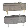 Stylish Striped Sofa Bench In Beige Gray With Gold Silver Metal Legs And Cozy Blanket