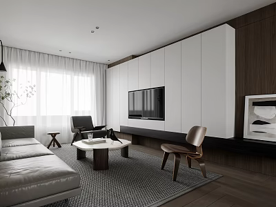 Elegant Modern Living Dining Room Interior With Leather Sofa Marble Coffee Table And Wooden Flooring 3d model