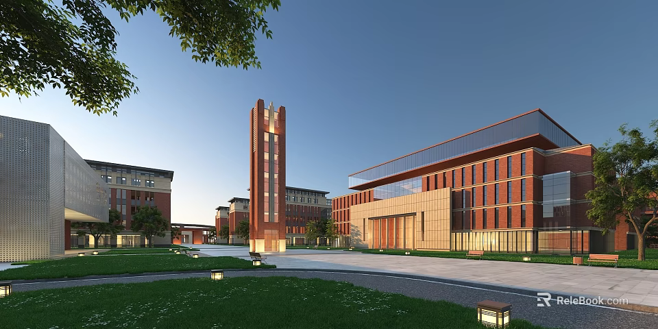 Modern Red Brick School Building With Tower Glass Curtain Wall And Green Lawn Square 3d model 