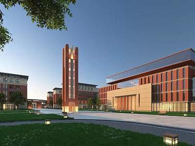 Modern Red Brick School Building With Tower Glass Curtain Wall And Green Lawn Square 3d model