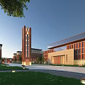 Modern Red Brick School Building With Tower Glass Curtain Wall And Green Lawn Square