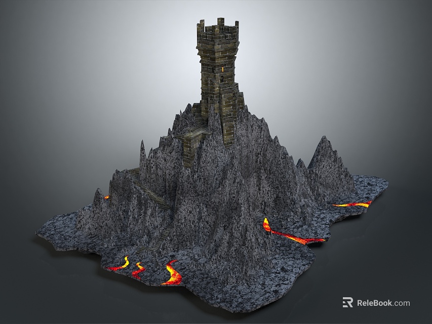 Cartoon Scene Featuring Castle Tower On Rocky Mountain With Flowing Lava And Stone Steps 3d model 