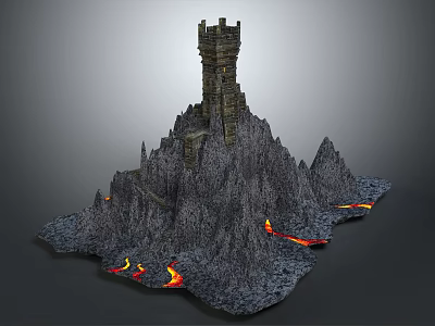 Cartoon Scene Featuring Castle Tower On Rocky Mountain With Flowing Lava And Stone Steps 3d model