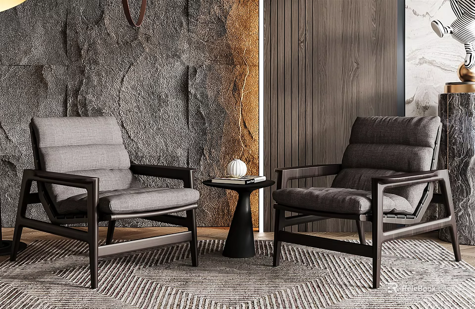 Lounge Chairs With Gray Cushions Wooden Frame And Small Round Table By Stone Wall Rug 3d model 