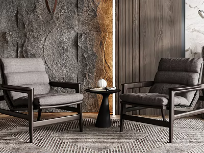 Lounge Chairs With Gray Cushions Wooden Frame And Small Round Table By Stone Wall Rug 3d model