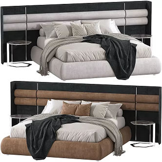 Fabric Double Bed Simple Double Bed Double Bed Combination Floor Bed Backrest Bedding Pillow Bedside Table 3d model