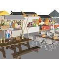 Various Street Food Stalls And Food Trucks With Colorful Awnings And Tables