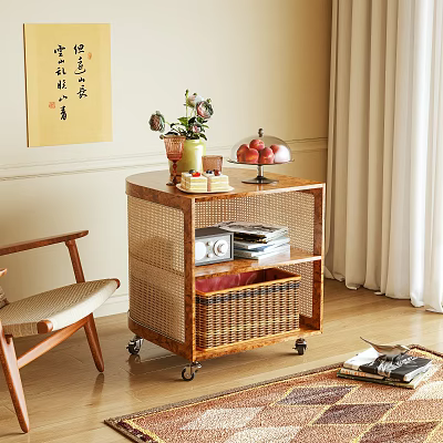 Rattan Side Table With Wheels Storage Shelf And Decorative Vase Fruits In Living Room 3d model
