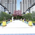 Modern Residential Entrance Garden Landscape With Greenery And High Rise Buildings