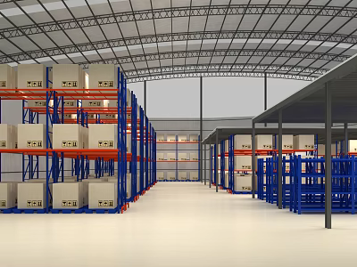 Spacious Warehouse Interior With Blue Metal Shelves And Neatly Stacked Boxes 3d model