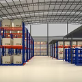 Spacious Warehouse Interior With Blue Metal Shelves And Neatly Stacked Boxes