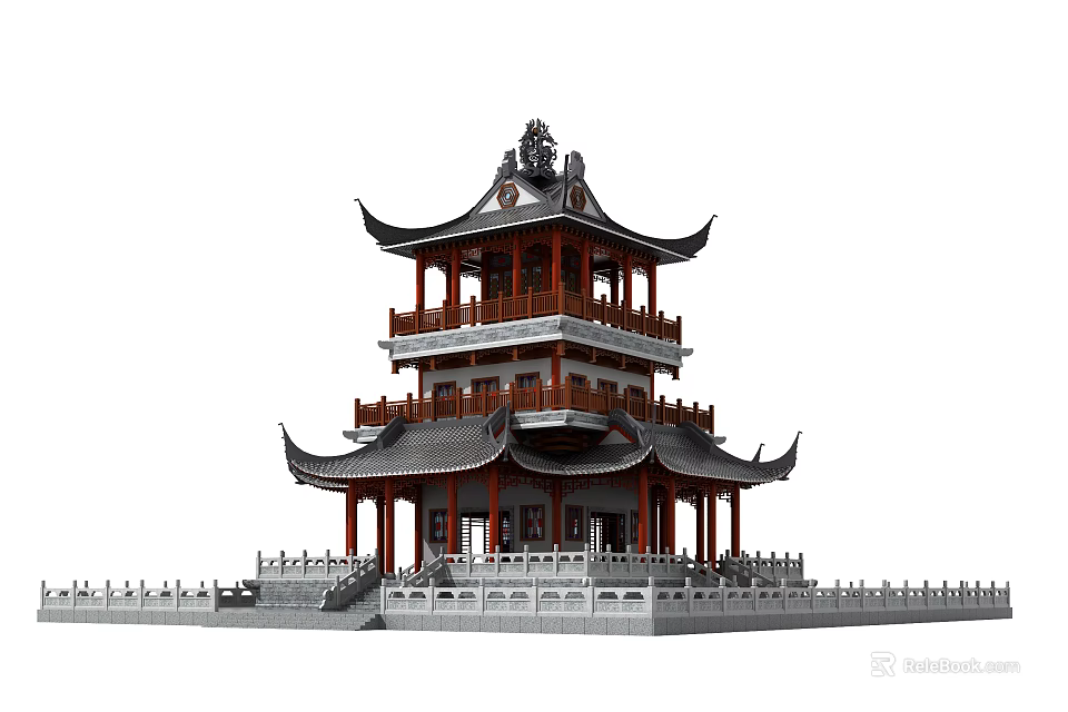 Traditional Chinese Ancient Architecture Multi tiered Tower With Curved Eaves Red Pillars And Grey Roof 3d model 