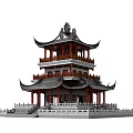 Traditional Chinese Ancient Architecture Multi tiered Tower With Curved Eaves Red Pillars And Grey Roof