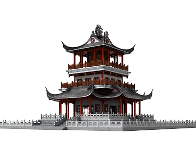 Traditional Chinese Ancient Architecture Multi tiered Tower With Curved Eaves Red Pillars And Grey Roof 3d model