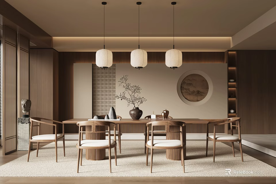 Modern Restaurant Interior Design With Wooden Dining Table Pendant Lights And Round Wall Art 3d model 