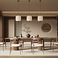 Modern Restaurant Interior Design With Wooden Dining Table Pendant Lights And Round Wall Art