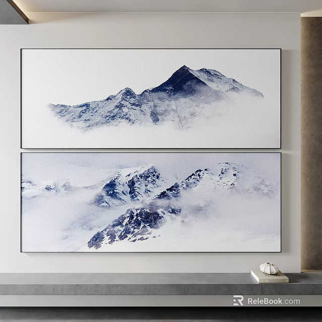 Two Panel Snowy Mountains Landscape Painting With Misty Clouds And Decorative Interior 3d model 