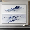 Two Panel Snowy Mountains Landscape Painting With Misty Clouds And Decorative Interior