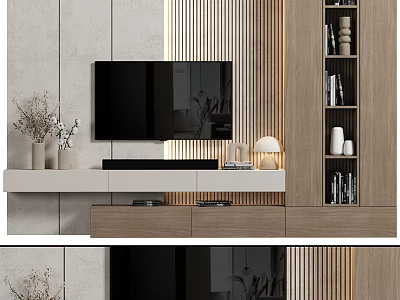 Modern TV Wall Unit With Wooden Accents And Decor 3d model