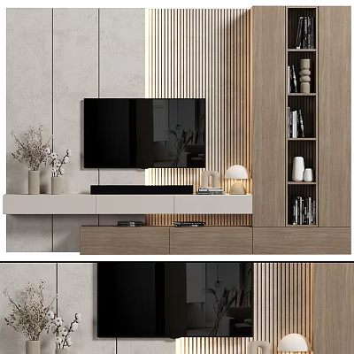 Modern TV Wall Unit With Wooden Accents And Decor 3d model