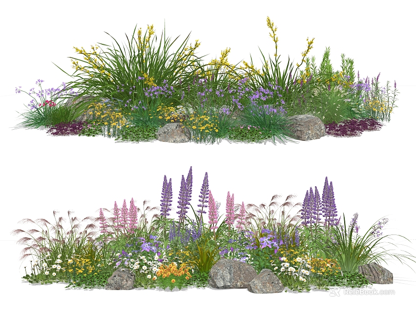 Vibrant Floral Plants with Yellow Purple Pink White Flowers and Green Grasses by Rocks 3d model 