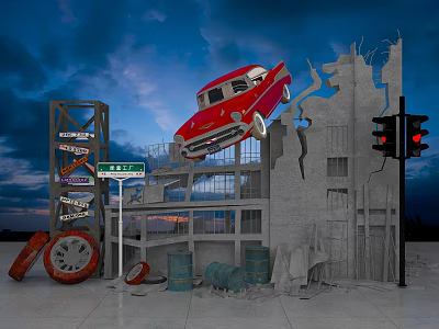 Striking Photo Spot With Red Vintage Car Broken Building Traffic Light And Twilight Sky 3d model