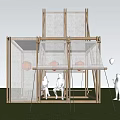 Modern Wooden Pergola With Mesh Panels On Grass At Sunset With People And Red Balloon