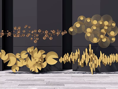 Gold Modern Wall Decor With Geometric Shapes And Artistic 3D Design On Dark Wall 3d model