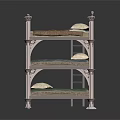 Three Tiered Elegant Display Shelf With Carved Details And Colored Cushions