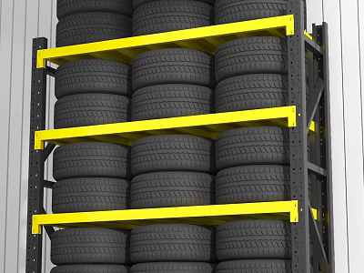 Industrial Storage Rack with Black Frame and Yellow Beams for Multi Layer Tire Storage 3d model