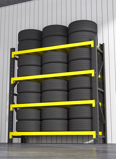 Industrial Storage Rack with Black Frame and Yellow Beams for Multi Layer Tire Storage 3d model