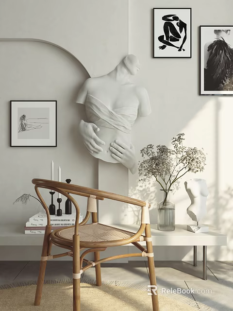 Wicker Leisure Chair In Modern Interior With Decorative Sculpture Vase And Sunlight 3d model 