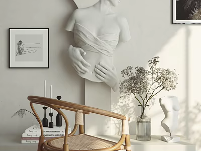Wicker Leisure Chair In Modern Interior With Decorative Sculpture Vase And Sunlight 3d model
