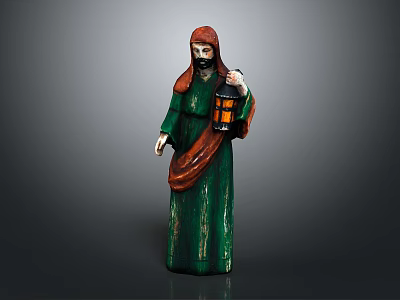 Standing Decorative Figurine In Green Robe With Red Cloak Holding Lantern 3d model