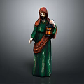 Standing Decorative Figurine In Green Robe With Red Cloak Holding Lantern