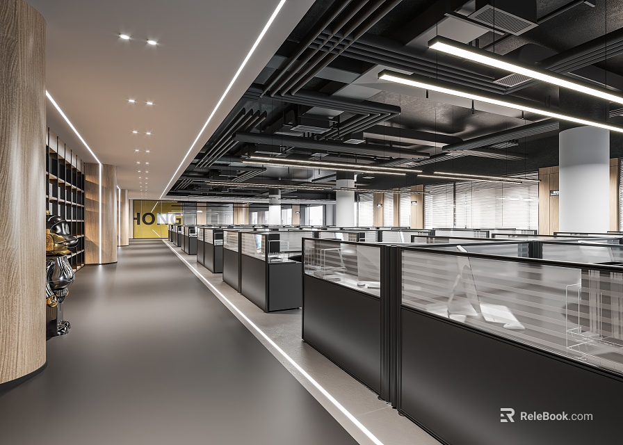 Modern Public Office Space With Open Layout Workstations Glass Partitions Ceiling Lights And Bookshelves 3d model 