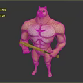 Muscular Shiba Inu Character With Well Defined Abs Holding Wooden Stick In 3D Render Style