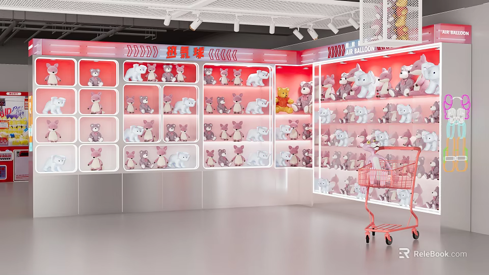 Store Front Desk With Red Wall Grid Display Shelves Plush Toys And Shopping Cart 3d model 