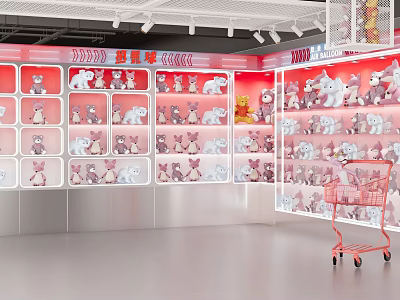 Store Front Desk With Red Wall Grid Display Shelves Plush Toys And Shopping Cart 3d model