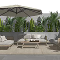 Outdoor Sofa Set With Comfortable Cushions Umbrella And Green Plants In Modern Patio