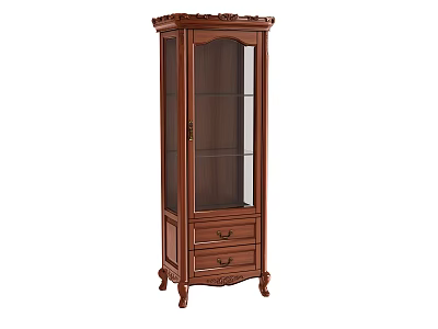 Traditional Wooden Display Cabinet With Glass Doors Drawers And Carved Decorative Details 3d model