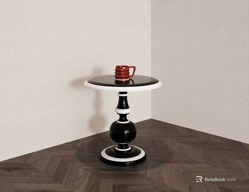 Modern Round Side Table With Black And White Base And Red Cup On Top 3d model 