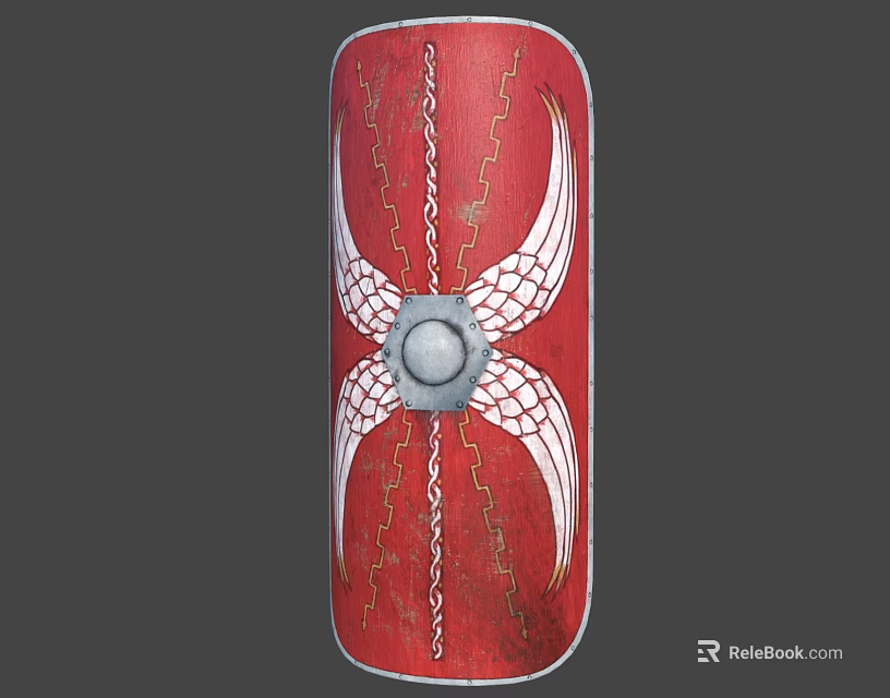Red Decorative Shield With White Wing Design Chain Pattern And Circular Metal Ornament 3d model 