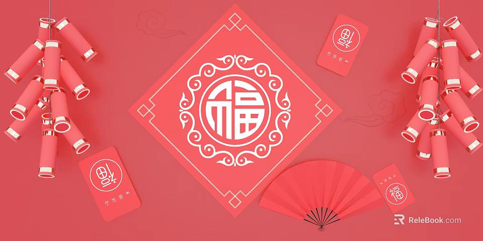Chinese New Year Commercial Decorative Equipment With Fu Character Red Envelopes And Fans 3d model 