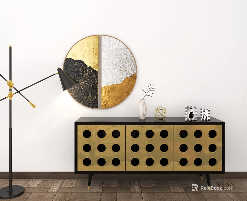 Black Gold Entryway Console Table With Circular Mirror And Decorative Ornaments 3d model