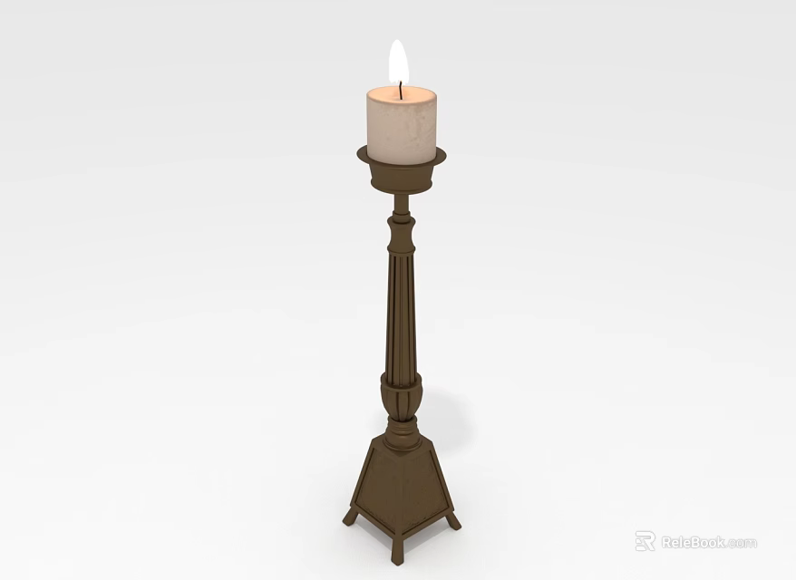 Vintage Brown Pedestal Candle Lamp Featuring Lit White Candle And Tripod Base 3d model 