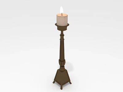 Vintage Brown Pedestal Candle Lamp Featuring Lit White Candle And Tripod Base 3d model