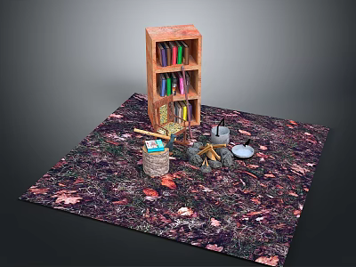 Wooden Bookshelf With Colorful Books On Fall Leaves Carpet And Campfire Setup 3d model