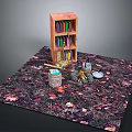 Wooden Bookshelf With Colorful Books On Fall Leaves Carpet And Campfire Setup